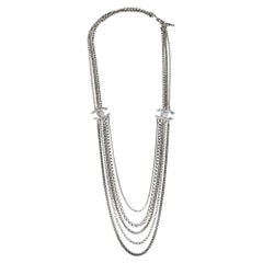 Chanel Silver Tone Multi Chain Strand CC Crystal Station Necklace
