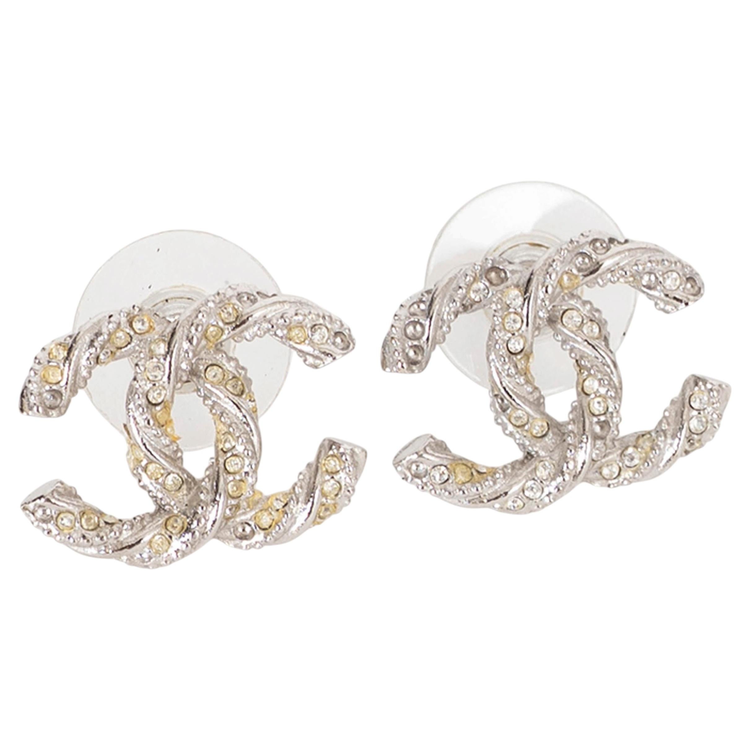 CHANEL silver-tone REV TWISTED CC CRYSTAL Earrings For Sale