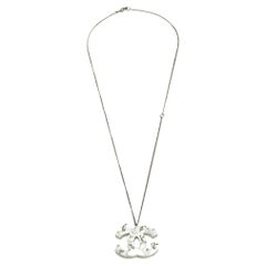Chanel Silver Tone White Enamel Studded CC Pendant Necklace
