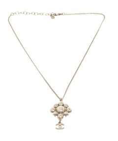 Chanel Silver-Toned CC Flower Drop Necklace