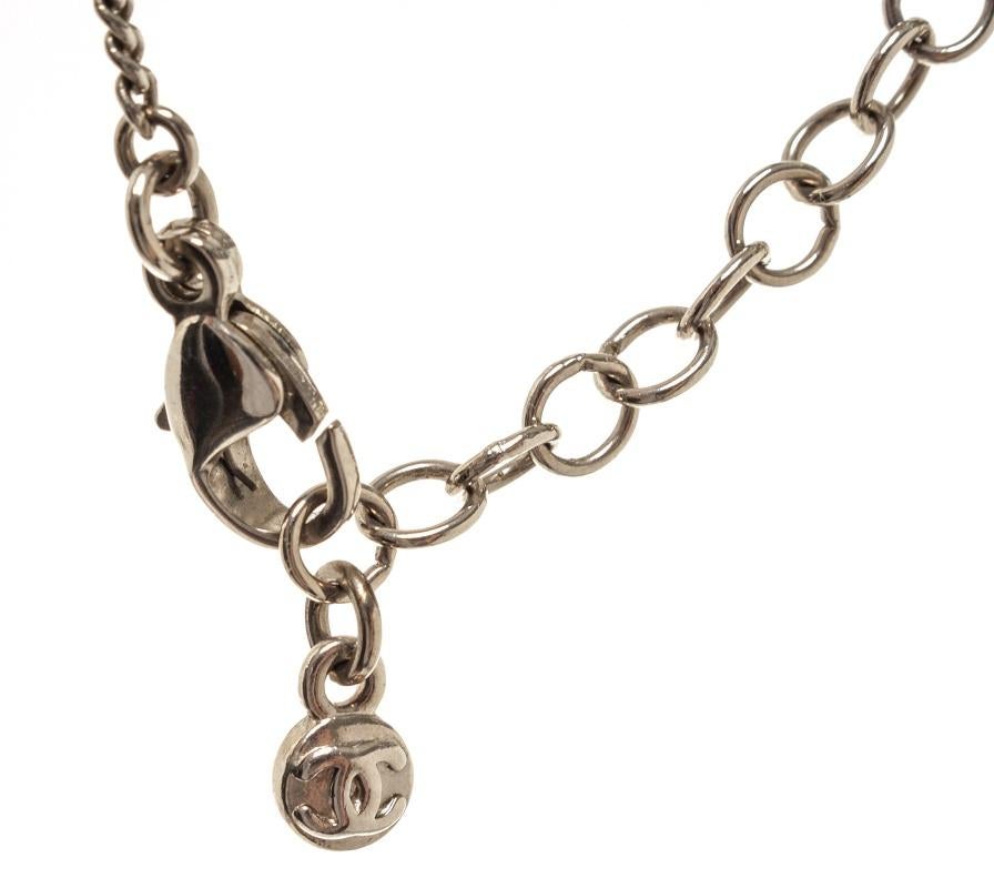 Chanel Silver-Toned CC Flower Drop Necklace For Sale 1