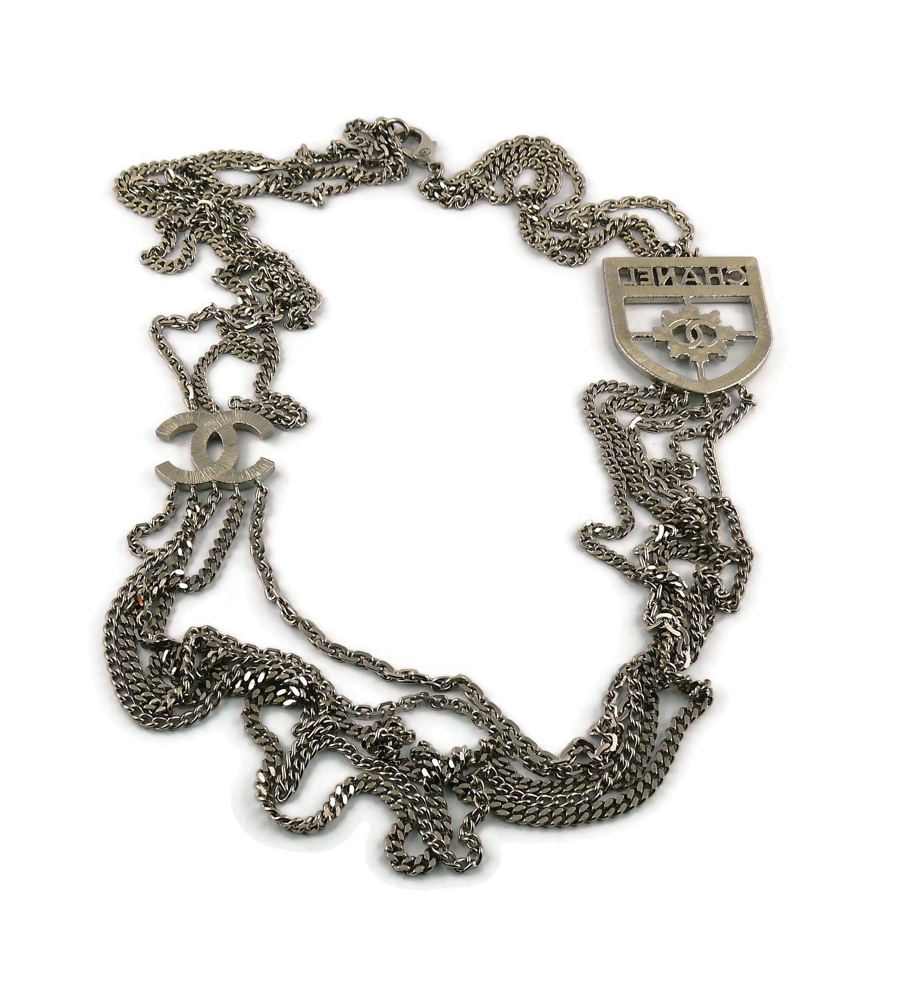 Chanel Silver Toned Multi-Chain CC Crest Shield Medallion Necklace For Sale 3