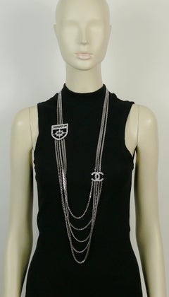 Chanel Silver Tone Multi-Chain CC Crest Shield Medallion Necklace