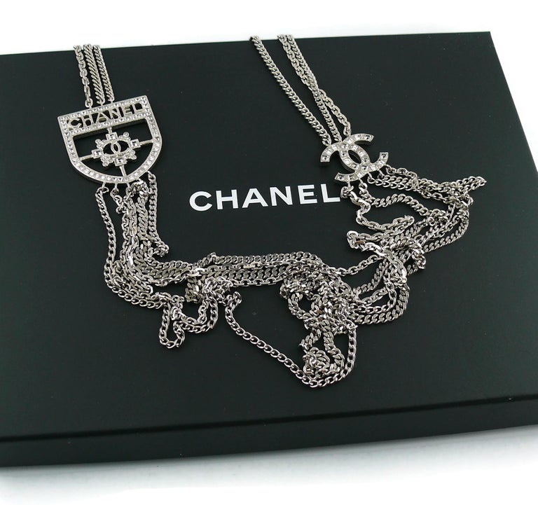 Chanel Silver CC Crystal Tear Drop Pearl Necklace