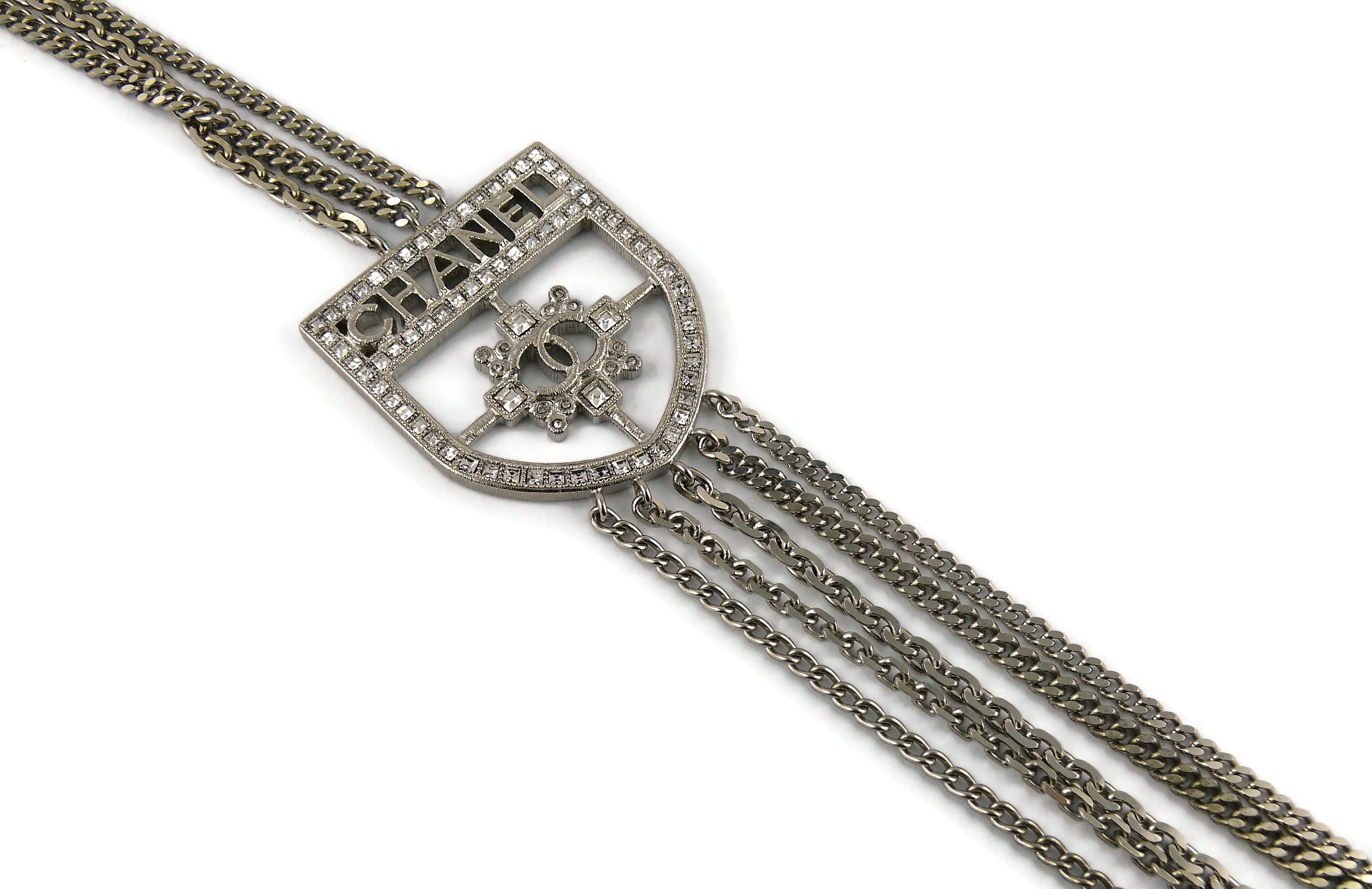 Chanel Silver Toned Multi-Chain CC Crest Shield Medallion Necklace In Excellent Condition For Sale In Nice, FR