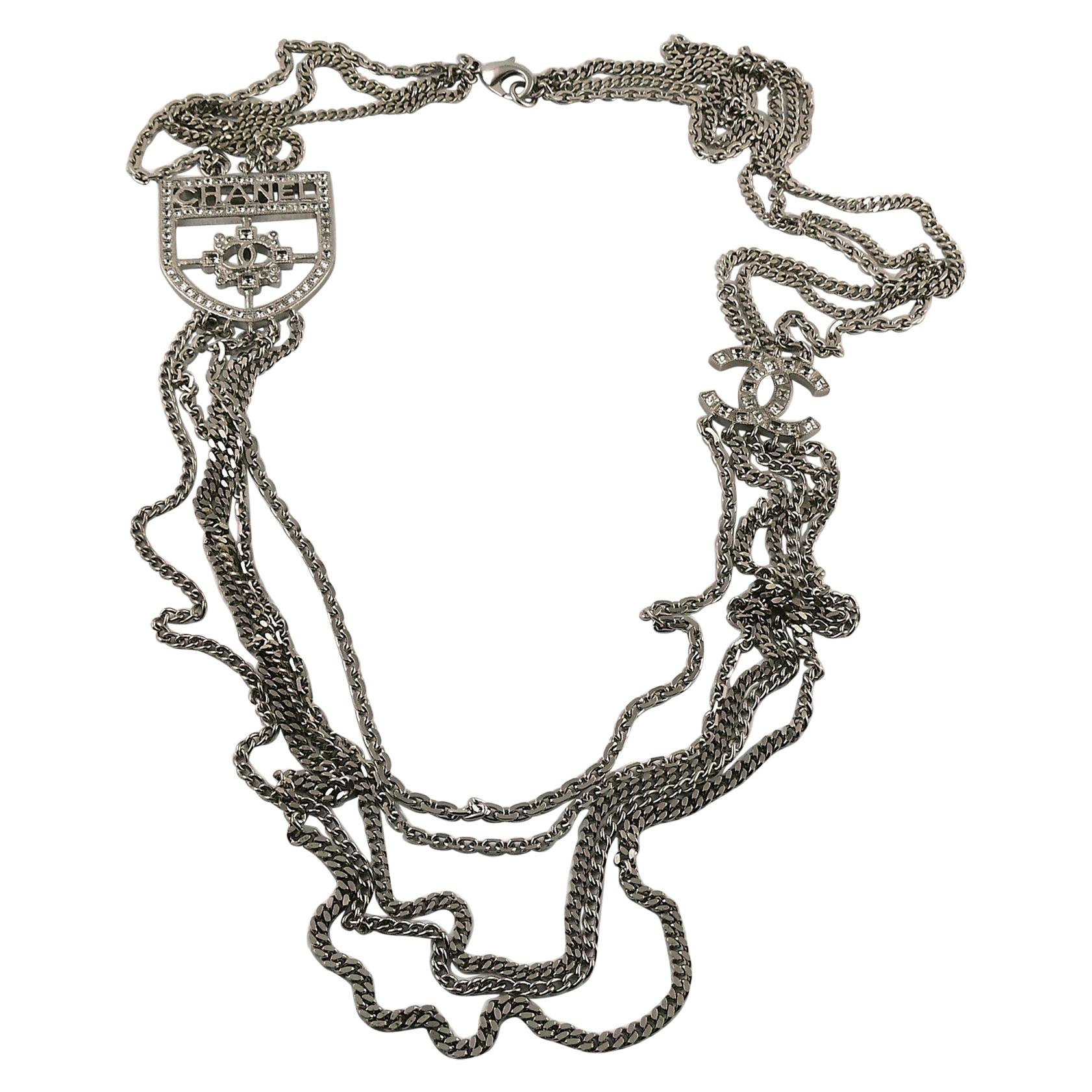 Chanel Silver Toned Multi-Chain CC Crest Shield Medallion Necklace For Sale