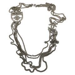 Retro Chanel Silver Toned Multi-Chain CC Crest Shield Medallion Necklace