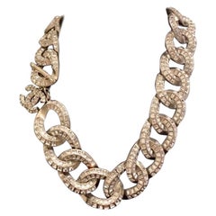 Chanel Silver Toned Rhinestone Encrusted Chain Necklace 