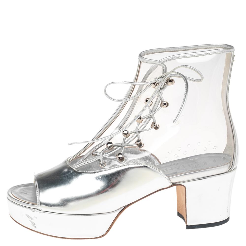 Chanel Silver/Transparent Leather and PVC Lace Open Toe Ankle Boots Size 40 In Good Condition In Dubai, Al Qouz 2