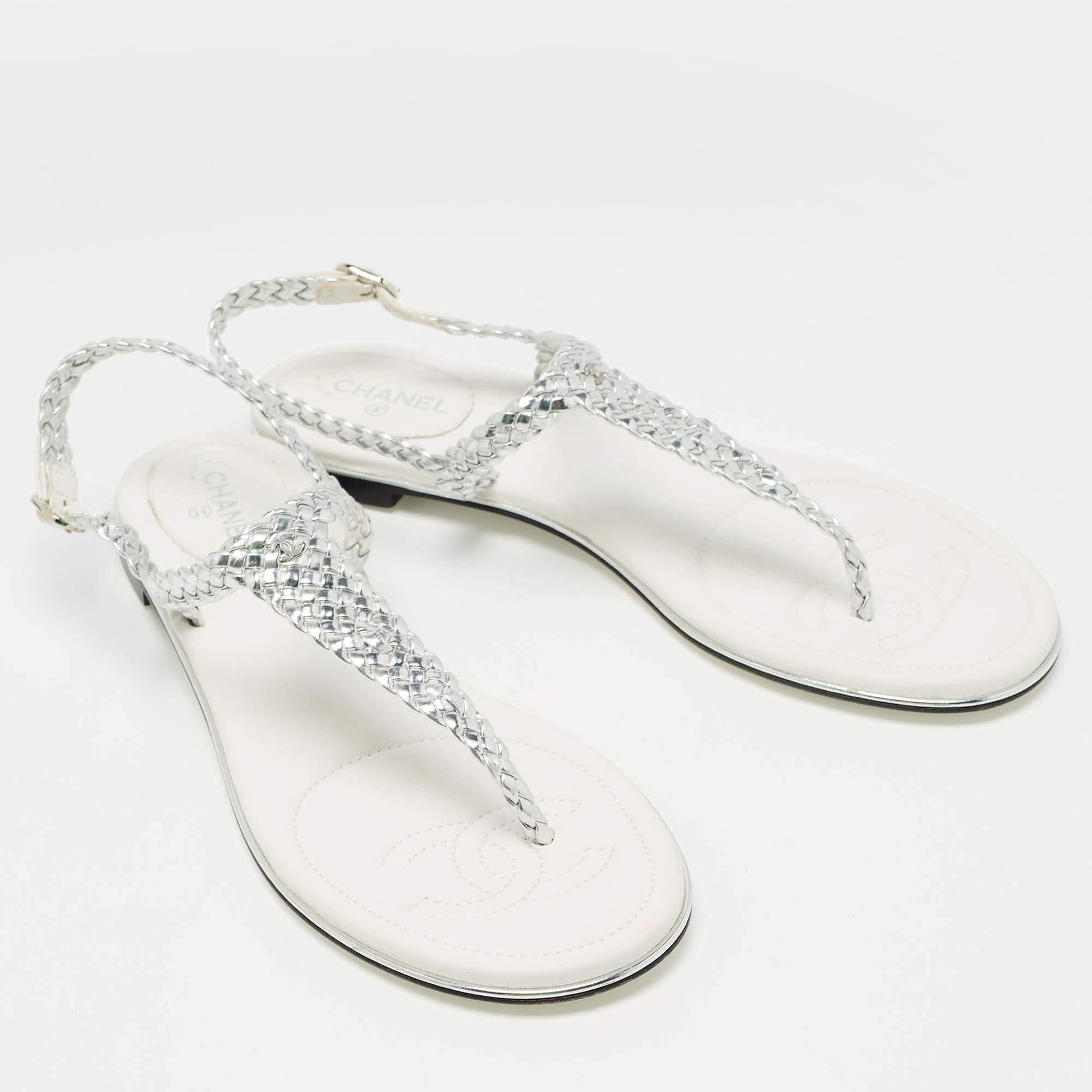 Women's Chanel Silver Twisted Leather Slingback Flat Sandals Size 40.5