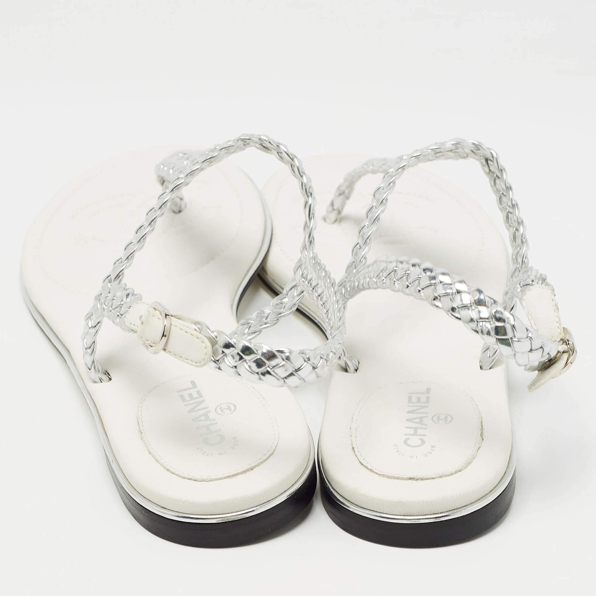 Chanel Silver Twisted Leather Slingback Flat Sandals Size 40.5 1