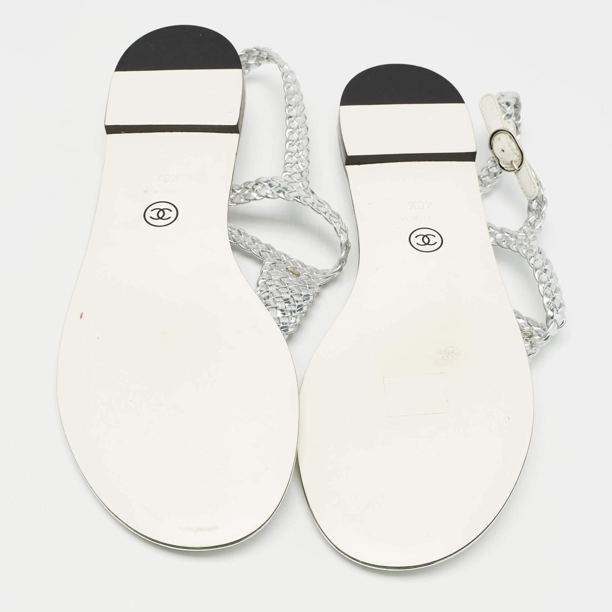 Chanel Silver Twisted Leather Slingback Flat Sandals Size 40.5 2