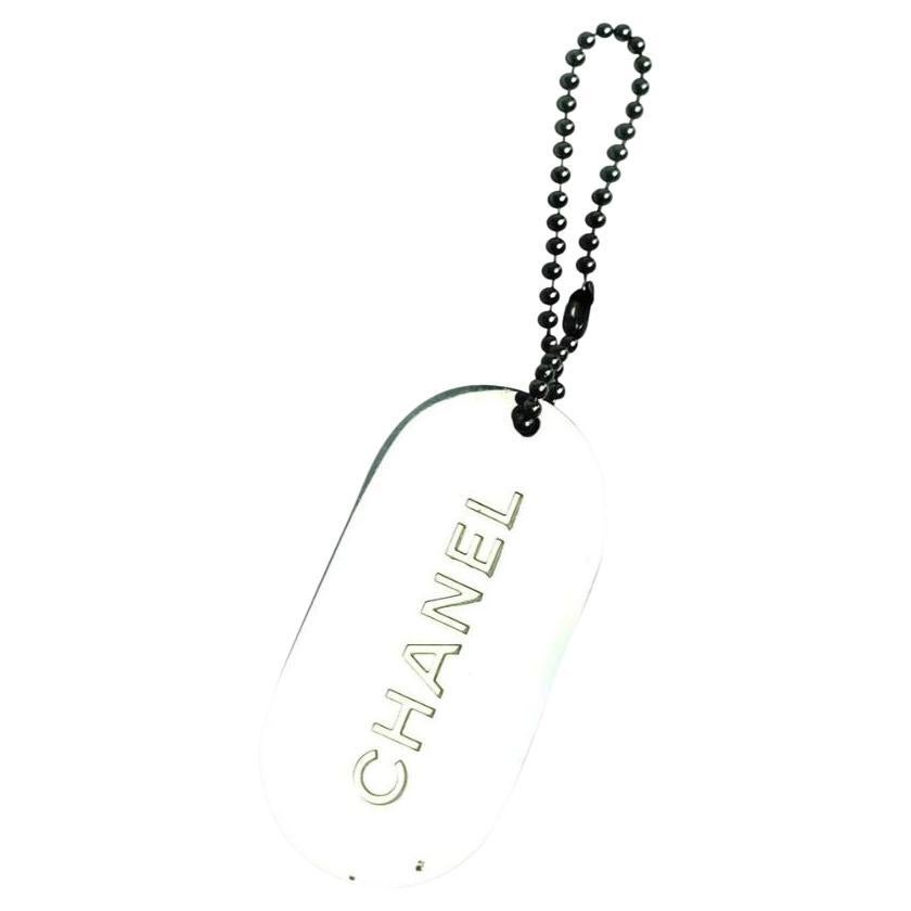 Chanel Silver X Beige Cc Strip Dog Tag Charm Pendant Keychain 4c531 For Sale