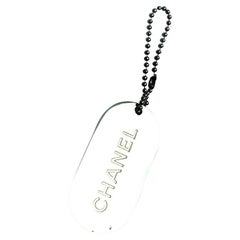 Chanel Silver X Beige Cc Strip Dog Tag Charm Pendant Keychain 4c531