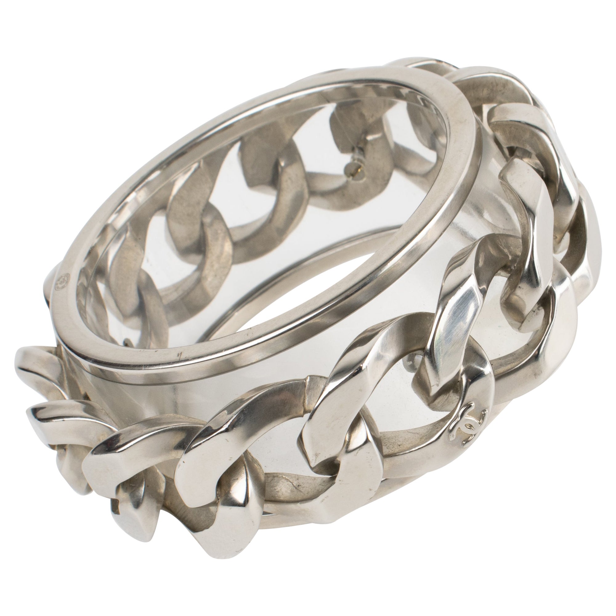 Chanel Silver Hammered Bangle Bracelet For Sale at 1stDibs