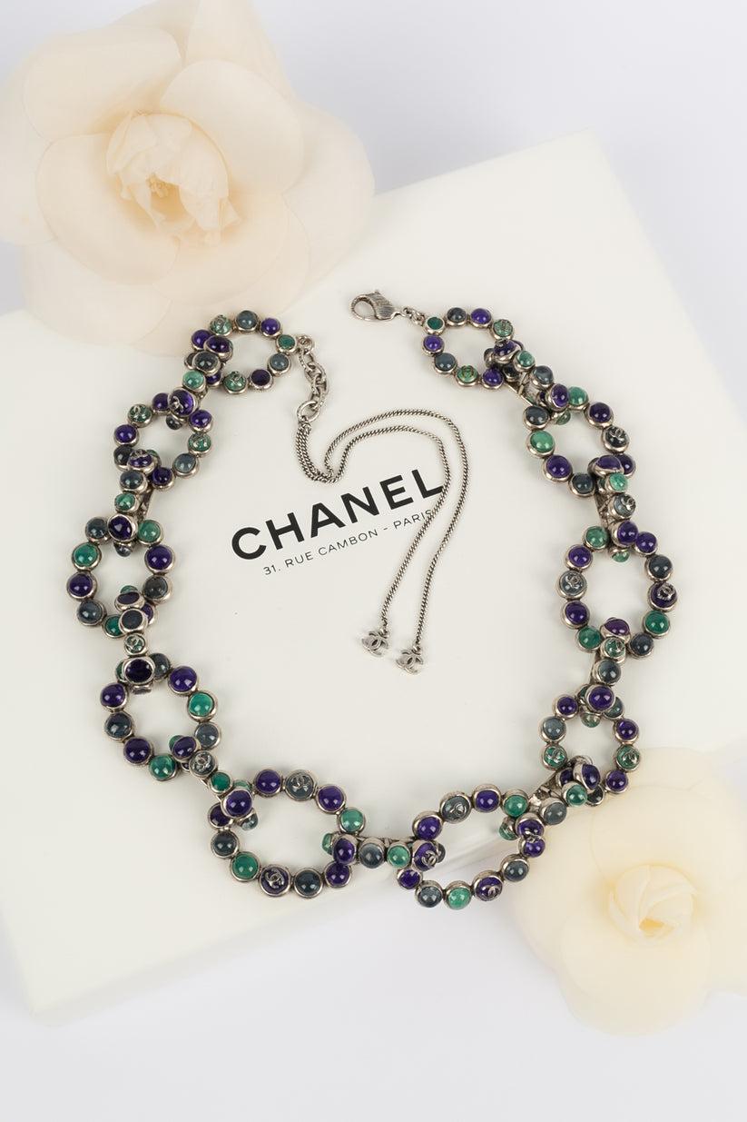 Chanel Silvered Metal and Resin Necklace in Blue and Glass 5