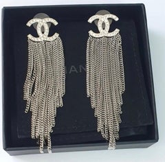 Chanel Silvertone and Crystal CC Fringe Earrings