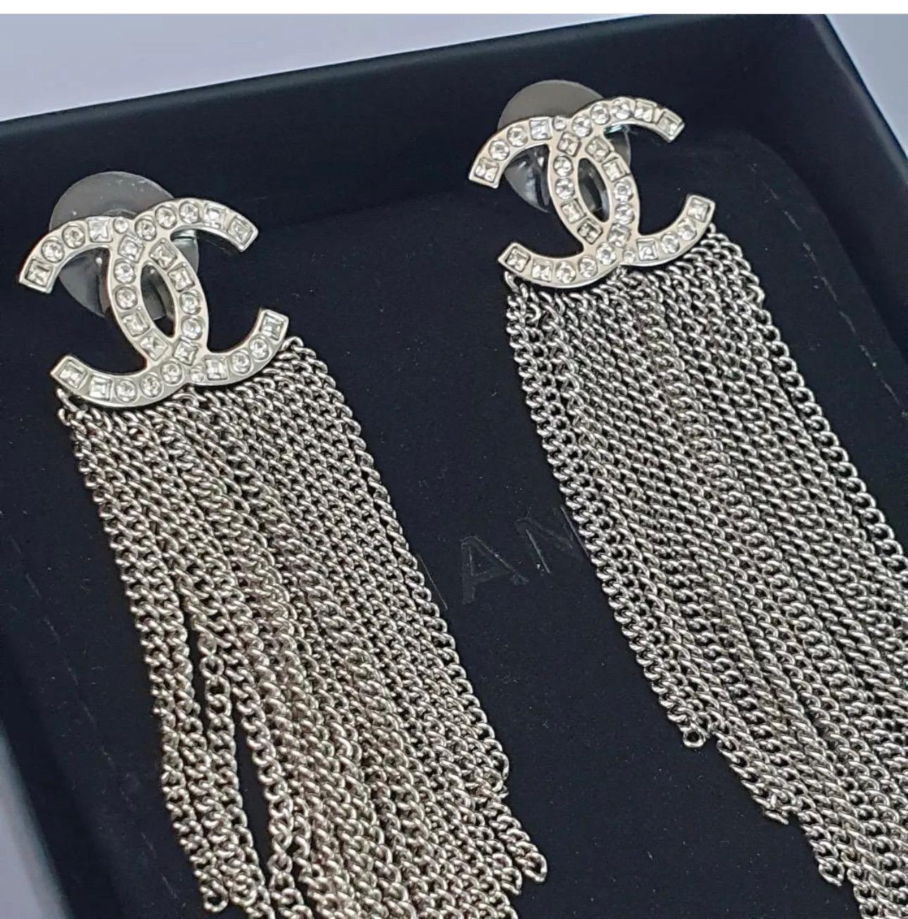 Women's Chanel Silvertone and Crystal CC Fringe Earrings 