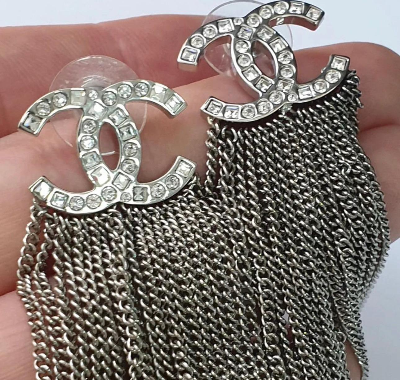 Chanel Silvertone and Crystal CC Fringe Earrings  2