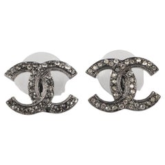 Chanel Silvery Metal CC Earrings with Rhinestones, 2018