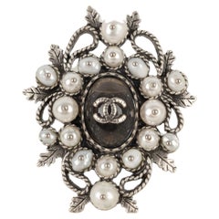 Chanel Silvery Metal CC Ring with Costume Pearls, 2015