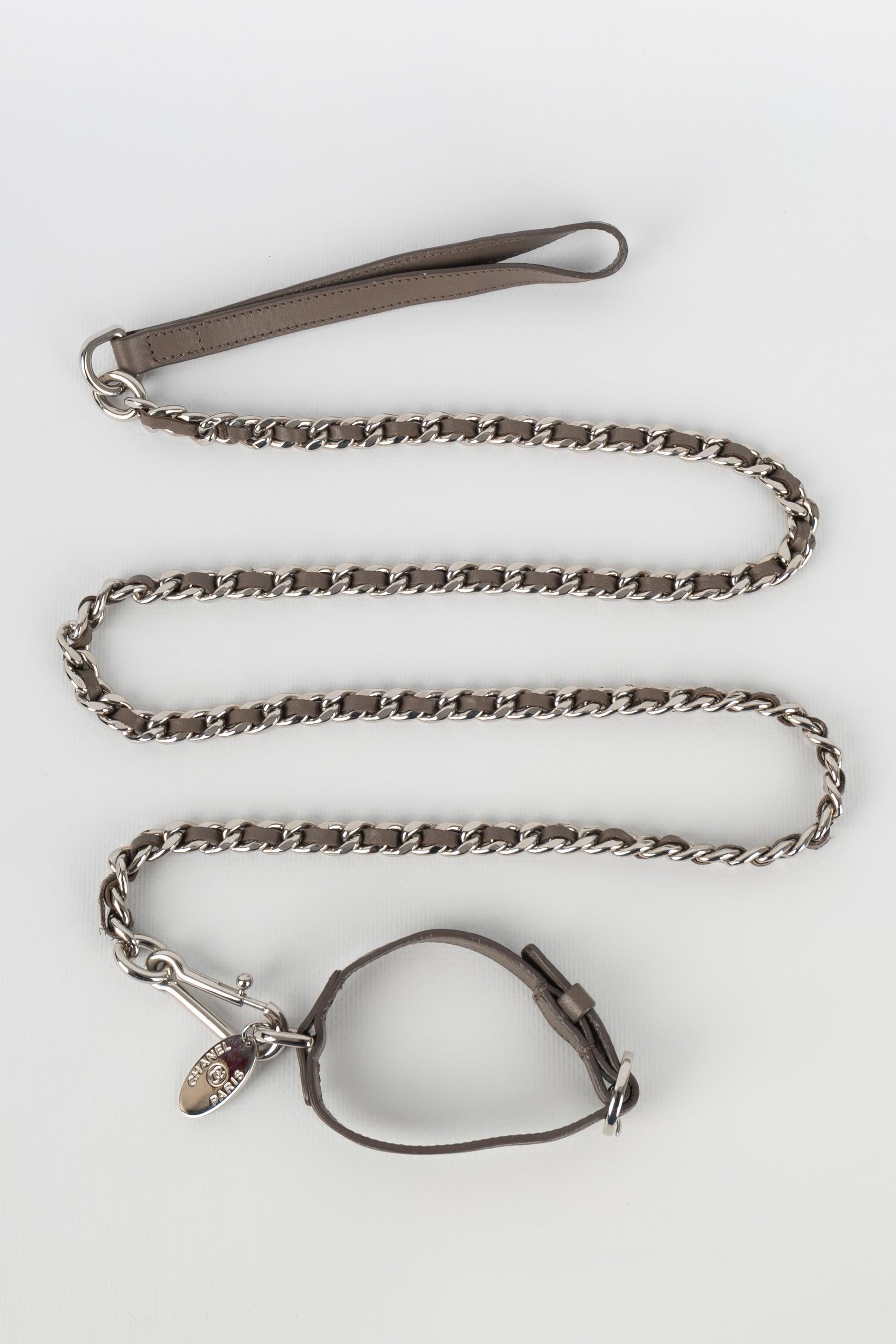 Chanel - Silvery metal leash interlaced with leather.

Additional information:
Condition: Very good condition
Dimensions: Length: 120 cm - Neck circumference: 21 cm to 25 cm

Seller Reference: ACC6