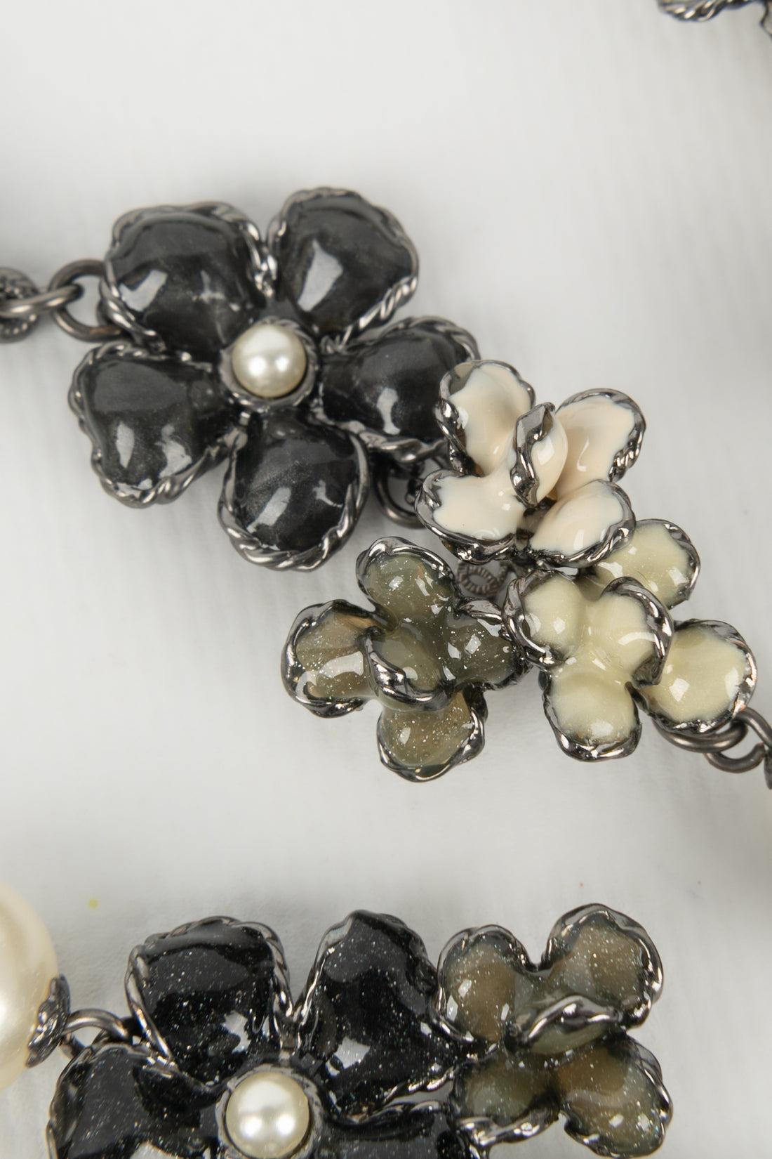 Women's Chanel Silvery Metal Flower Necklace with Costume Pearls and Resin, 2012 For Sale