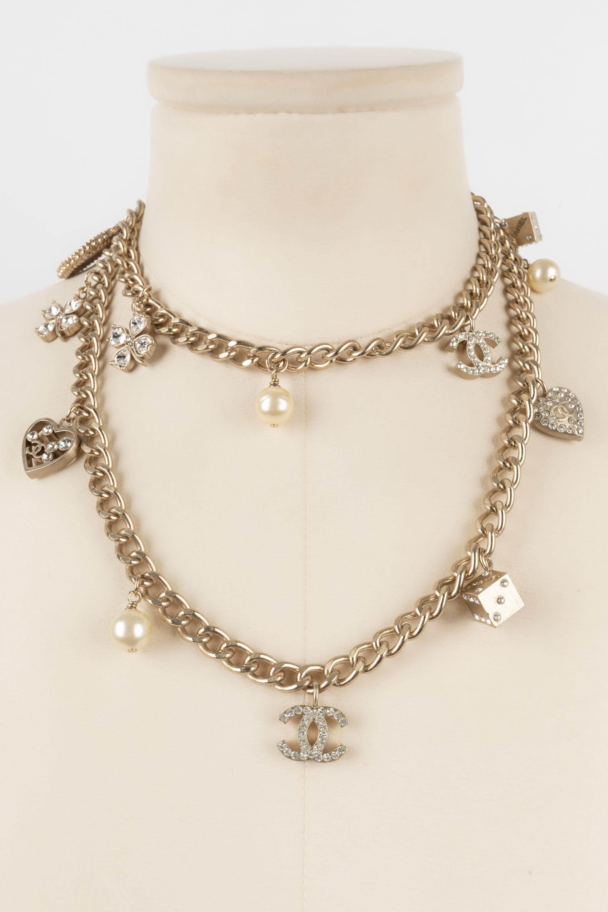 Chanel Silvery Metal Necklace Ornamented with Charms and Rhinestones, Fall 2005 For Sale 1