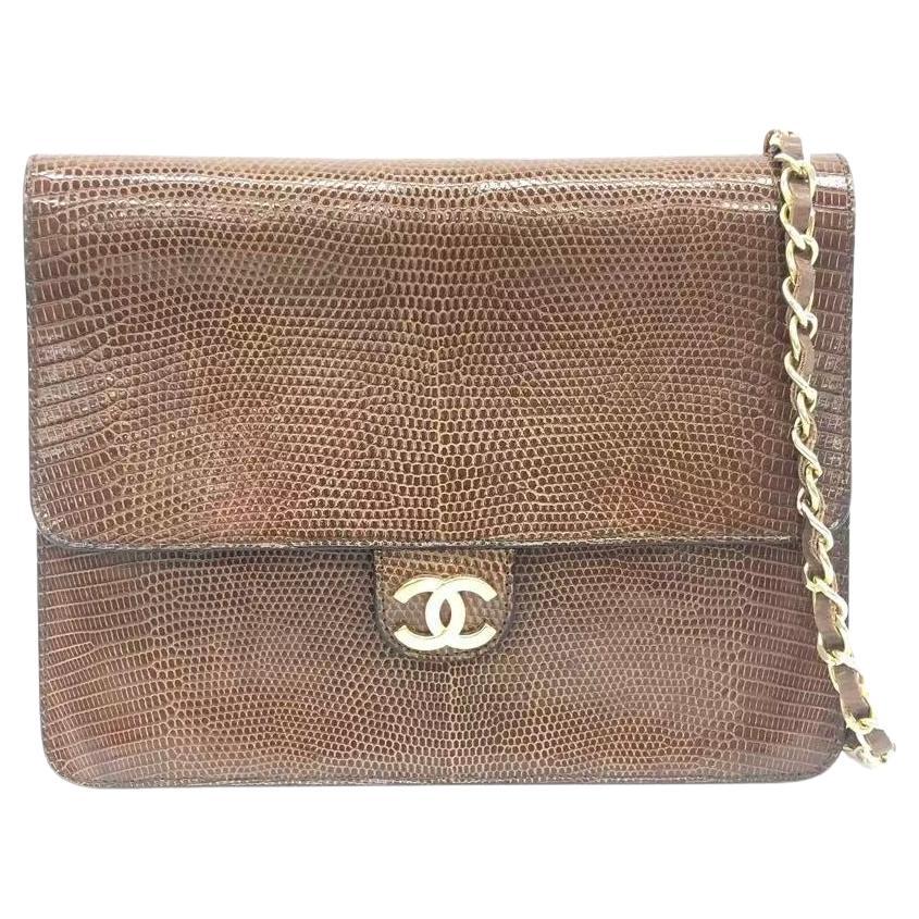 Chanel Single Flap Bag Vintage Small Brown Lizard Leather Gold Hardware