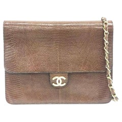 Chanel Single Flap Bag Vintage Small Brown Lizard Leather Gold Hardware