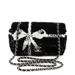 Chanel Single Flap Classic Small Black and White Sequin Ribbon w/Silver Hardware