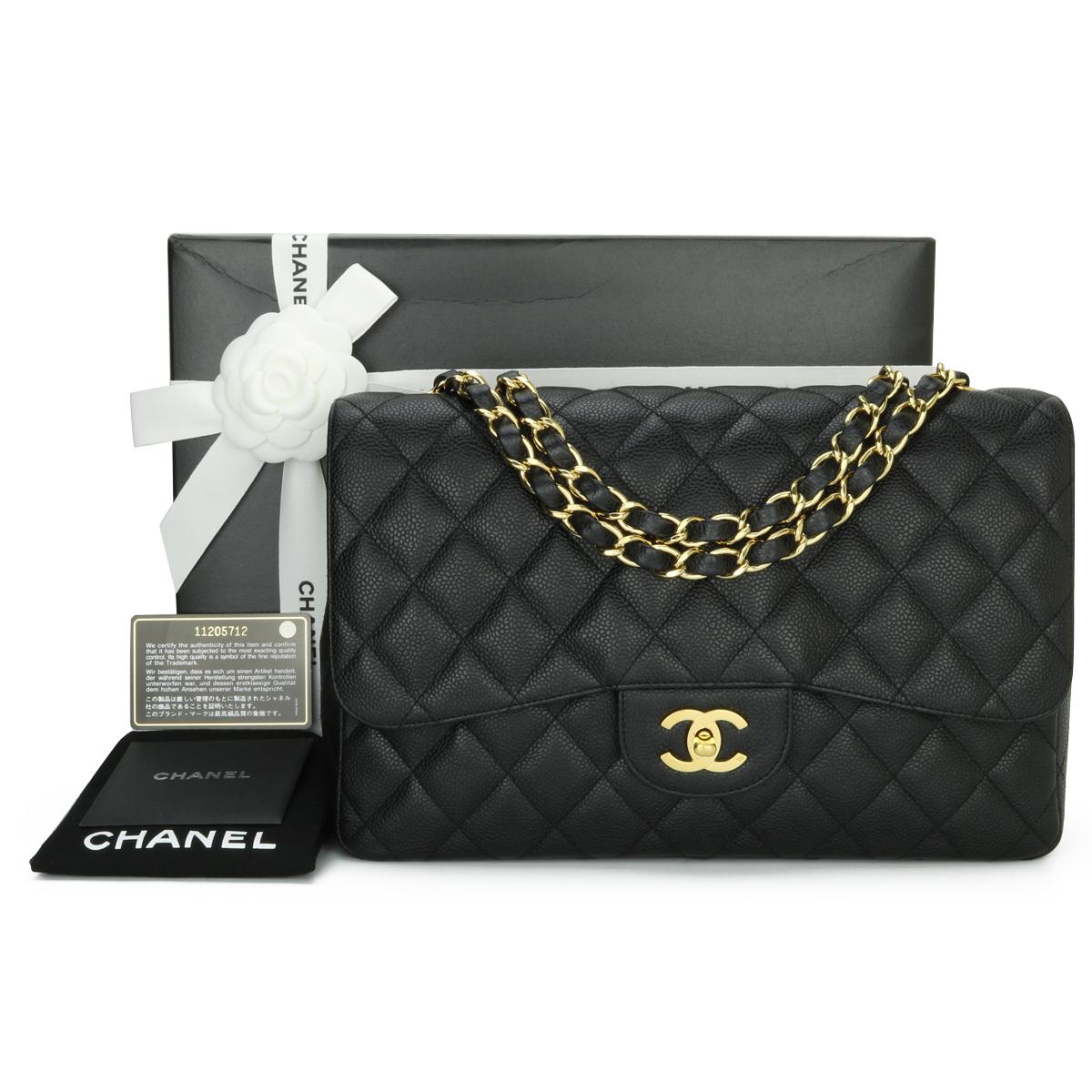 CHANEL Classic Single Flap Jumbo Bag Black Caviar with 24k Gold Plated Hardware 2007.

This stunning bag is in excellent condition, the bag still holds its original shape, and the hardware is still very shiny. 

- Exterior Condition: Excellent