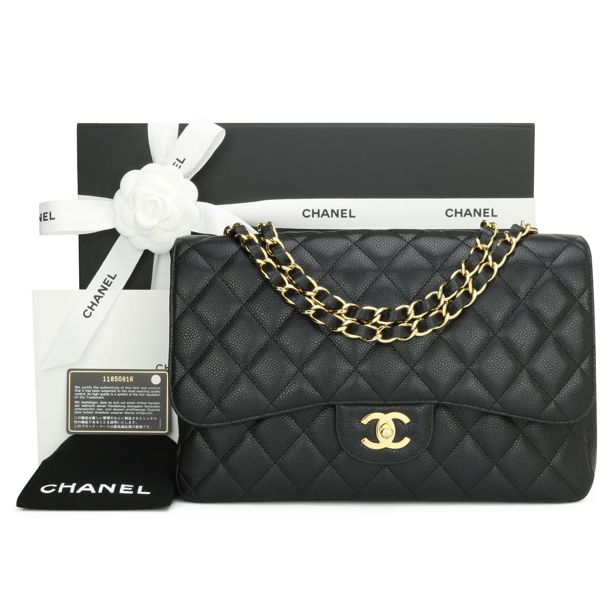 CHANEL Classic Single Flap Jumbo Bag Black Caviar with 24k Gold Plated Hardware 2007.

This stunning bag is in excellent condition, the bag still holds its original shape, and the hardware is still very shiny.

It is such a lightweight bag compared