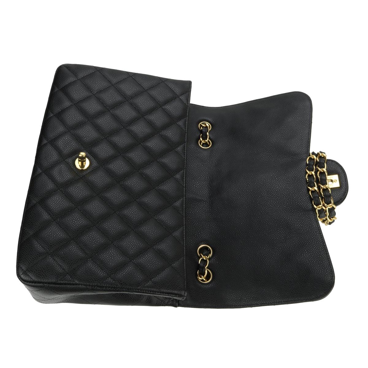 CHANEL Single Flap Jumbo Bag Black Caviar with Gold Hardware 2010 For Sale 9