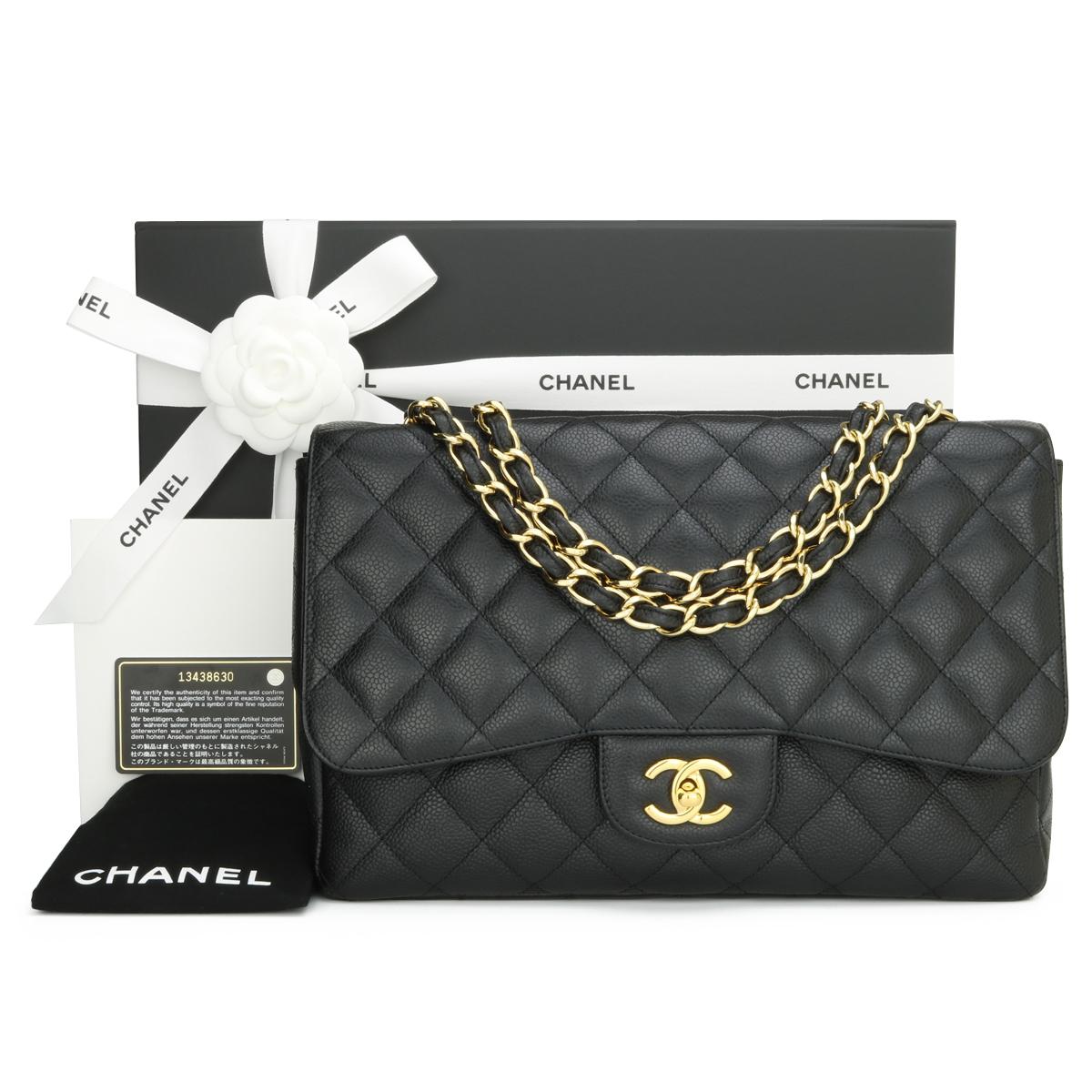CHANEL Classic Single Flap Jumbo Bag Black Caviar with Gold Hardware 2010.

This stunning bag is in very good condition, the bag still holds its shape well, and the hardware is still very shiny. It is such a lightweight bag compared to double flap