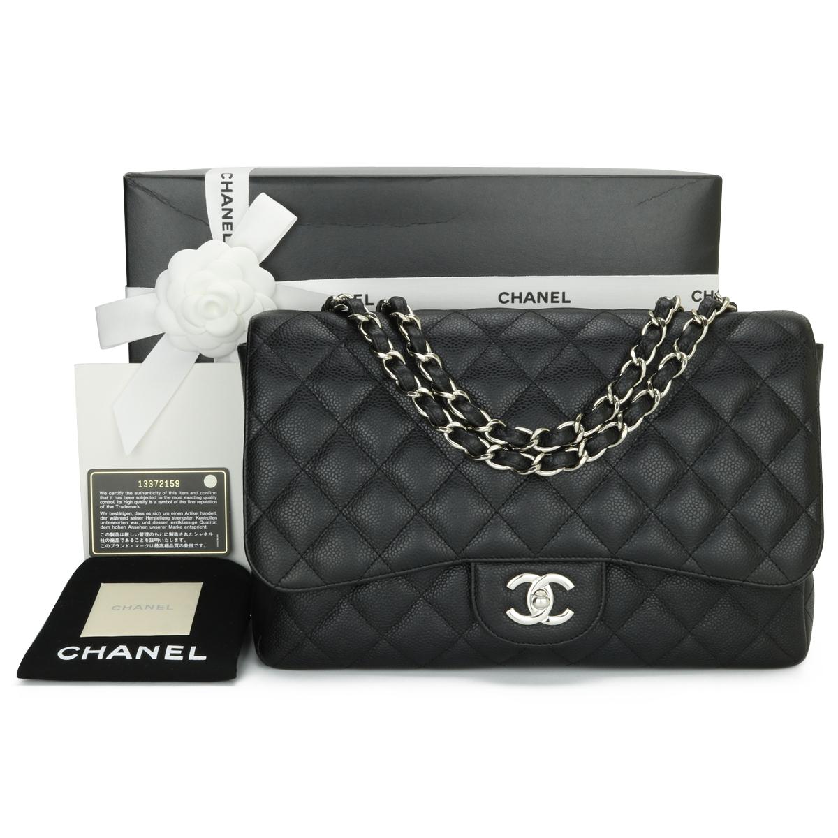 CHANEL Classic Single Flap Jumbo Bag Black Caviar with Silver Hardware 2009.

This stunning bag is in excellent condition, the bag still holds its shape quite well, and the hardware is still very shiny. 

- Exterior Condition: Excellent condition.