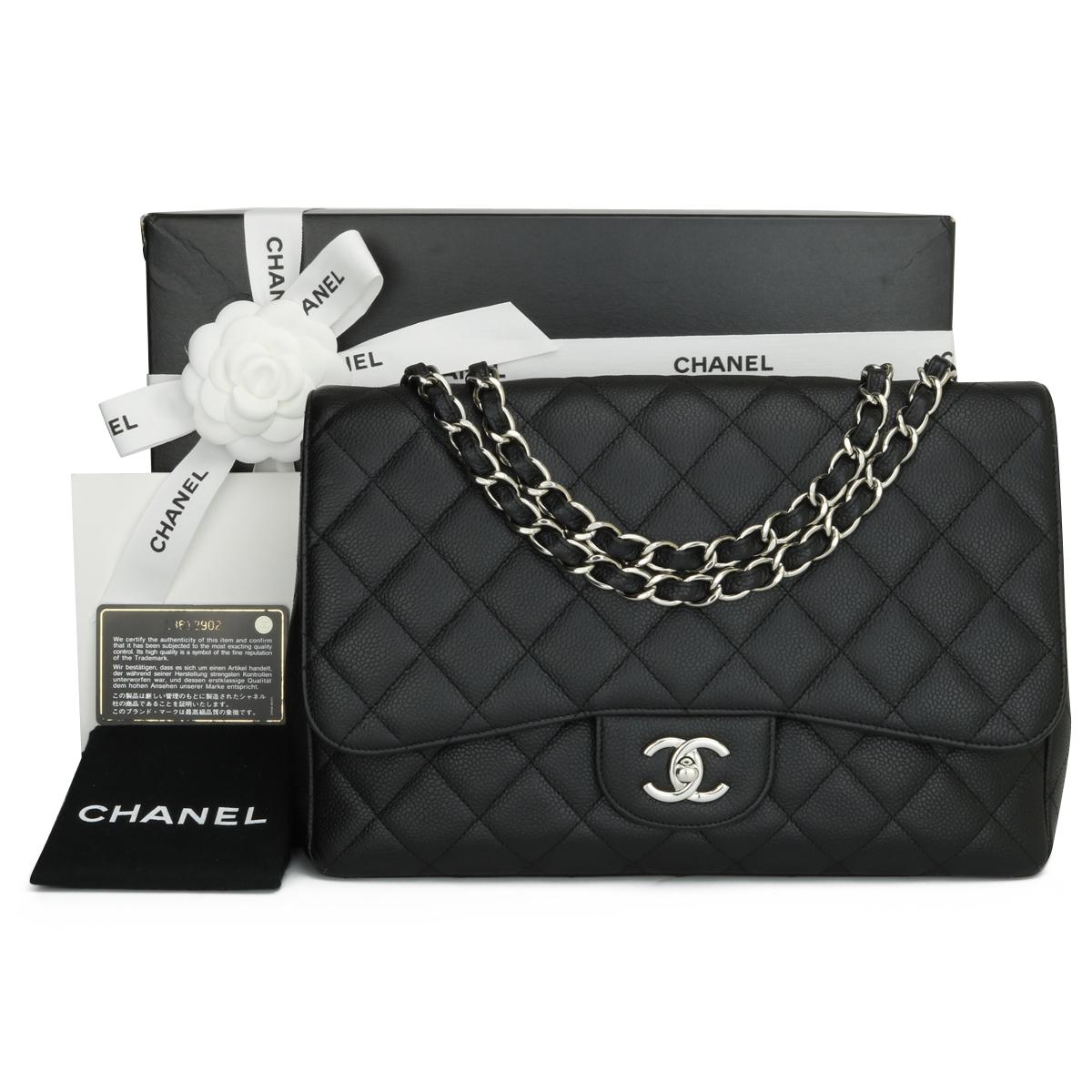 CHANEL Classic Single Flap Jumbo Bag Black Caviar with Silver Hardware 2010

This stunning bag is in very good condition, the bag still holds its shape well, and the hardware is still very shiny.

- Exterior Condition: Very good condition. Corners