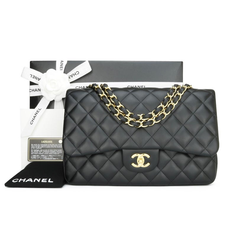 CHANEL Classic Single Flap Jumbo Bag Black Lambskin with Gold Hardware 2010.

This stunning bag is in pristine – never worn condition, the bag still holds its original shape, and the hardware is still very shiny. It is such a lightweight bag