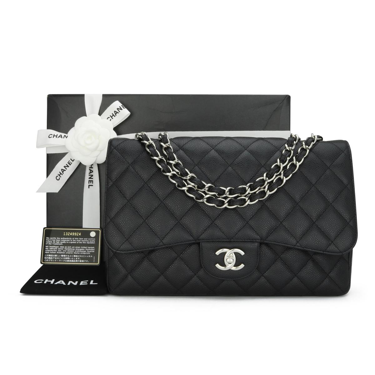 CHANEL Classic Single Flap Jumbo Bag Black Caviar with Silver-Tone Hardware 2010.

This stunning bag is in excellent condition; it still holds its original shape, and the hardware is still very shiny.

It is such a lightweight bag compared to