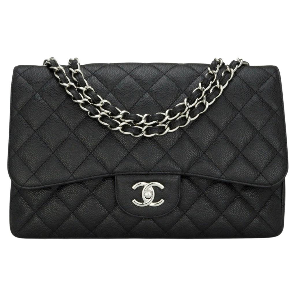CHANEL Single Flap Jumbo Bag in Black Caviar with Silver-Tone Hardware 2010 For Sale