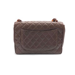 Chanel Single Flap Jumbo Brown Lambskin Leather Tortoise CC Logo and Chain