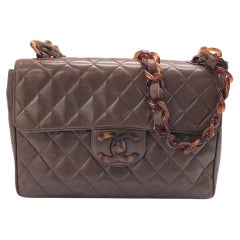 Chanel Single Flap Jumbo Brown Lambskin Leather Tortoise CC Logo and Chain