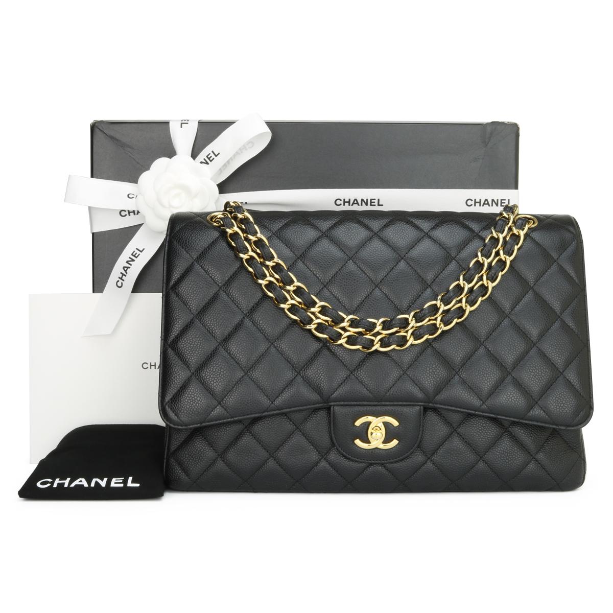 CHANEL Classic Single Flap Maxi Bag Black Caviar with Gold Hardware 2010.

This stunning bag is in very good condition, the bag still holds its shape well, and the hardware is still very shiny. It is such a lightweight bag compared to double flap