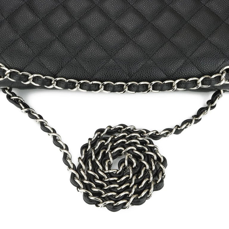 CHANEL Single Flap Maxi Bag Black Caviar with Silver Hardware 2010 For Sale 8