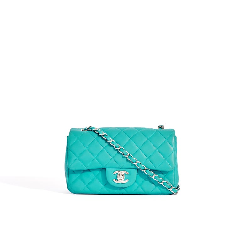 Chanel Lambskin Chevron Wallet On Chain WOC Turquoise
