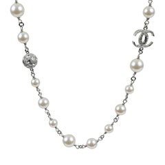 Chanel Single Strand Pearl and Crystal CC Necklace