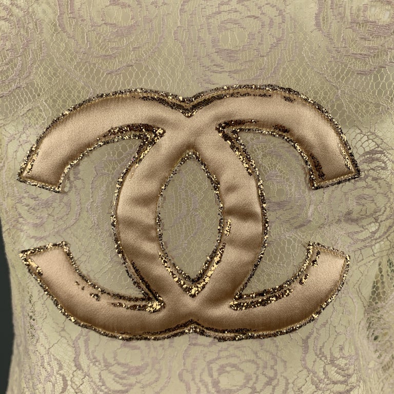 CHANEL Size 10 Beige Lace Glitter CC Pink Patch Cruise 2004 Top at 1stDibs