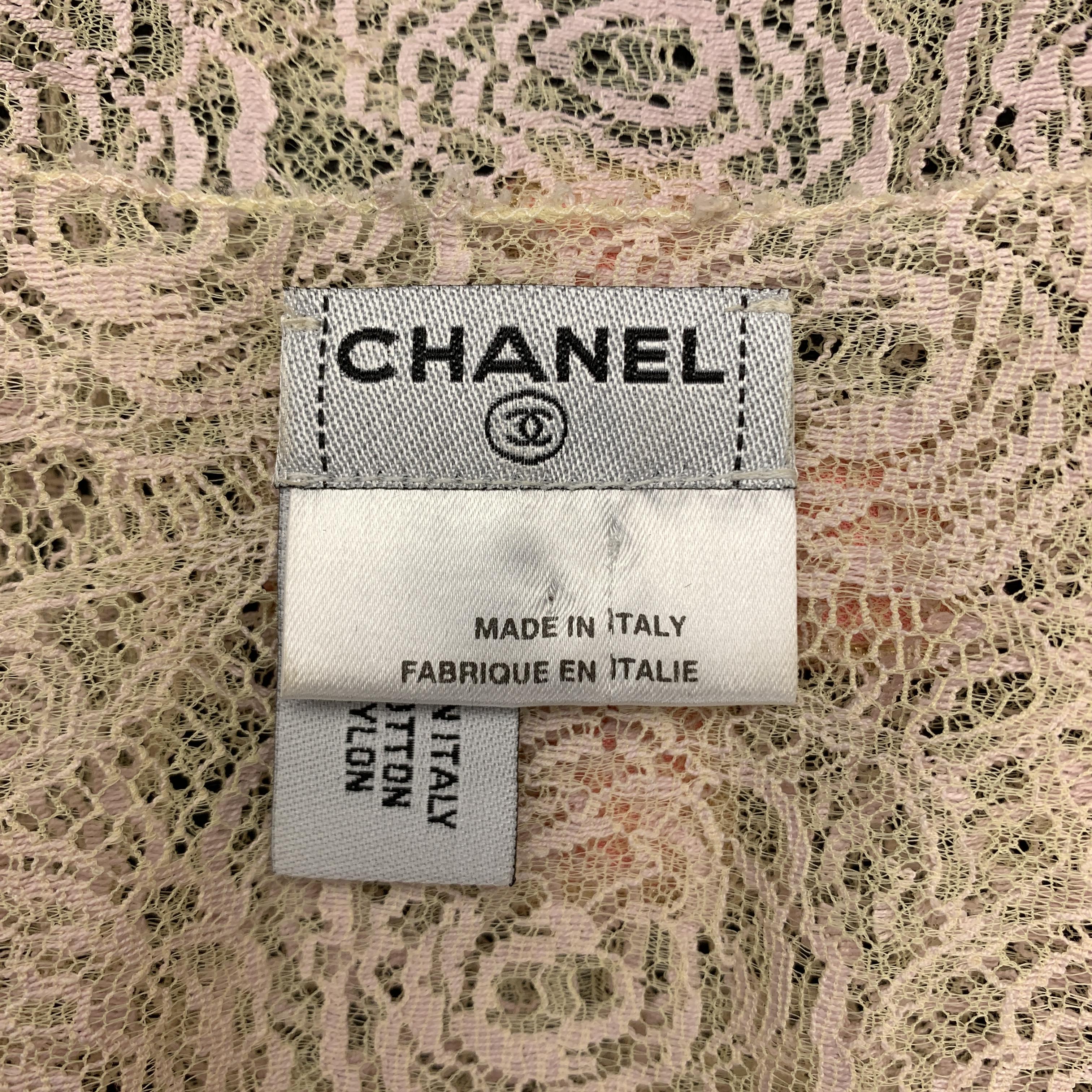 CHANEL Size 10 Beige Lace Glitter CC Pink Patch Cruise 2004 Top 1