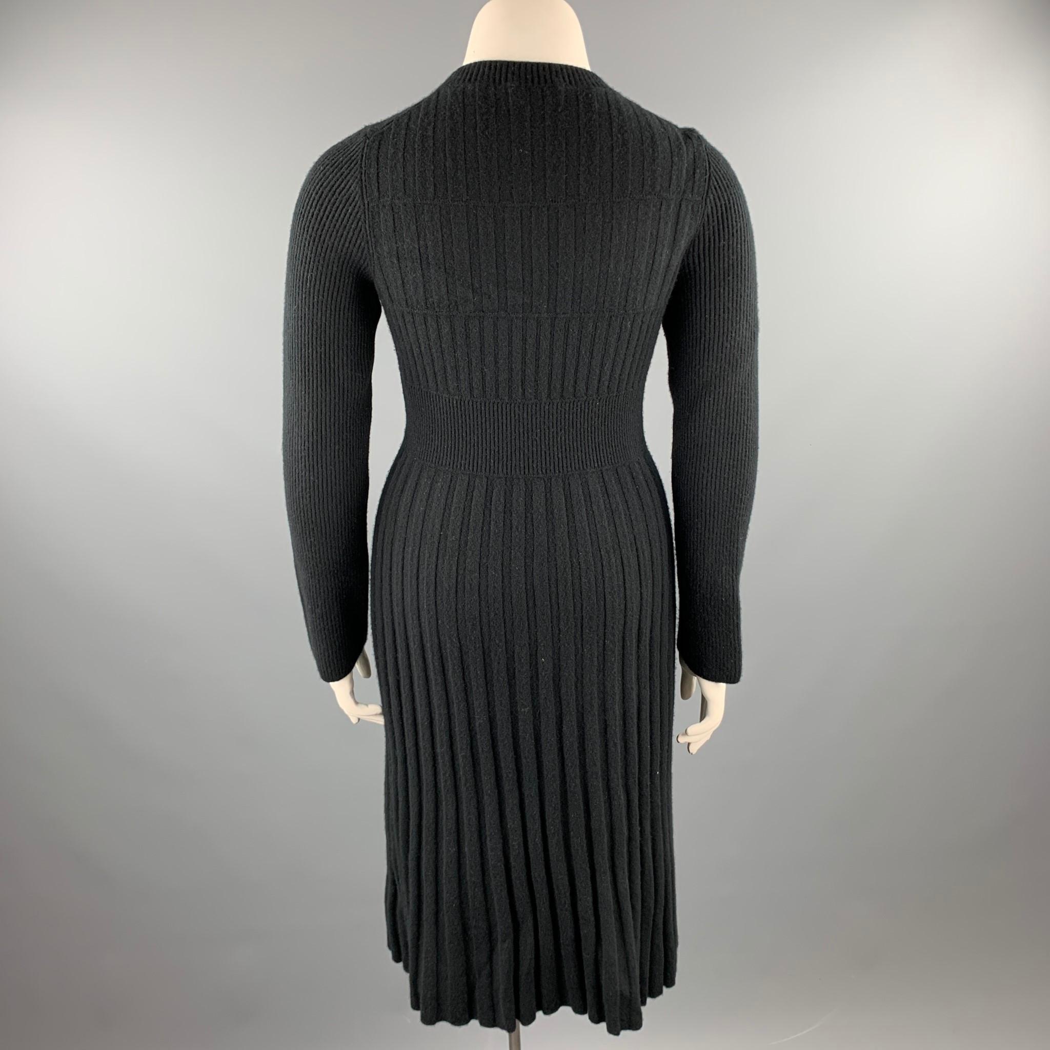 Women's CHANEL Size 10 Black Knitted Pleated Wool Crew-Neck Sweater Dress