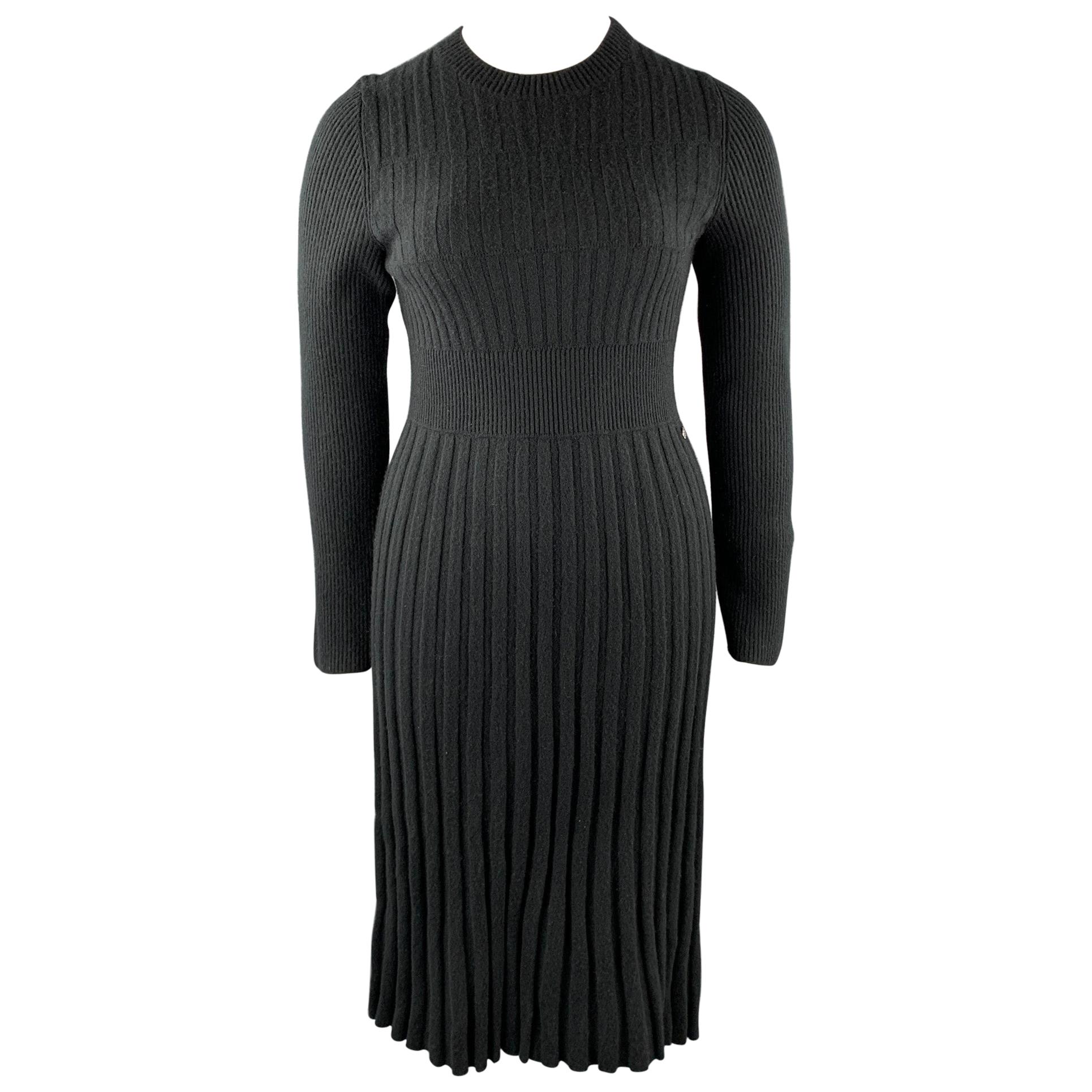 CHANEL Size 10 Black Knitted Pleated Wool Crew-Neck Sweater Dress